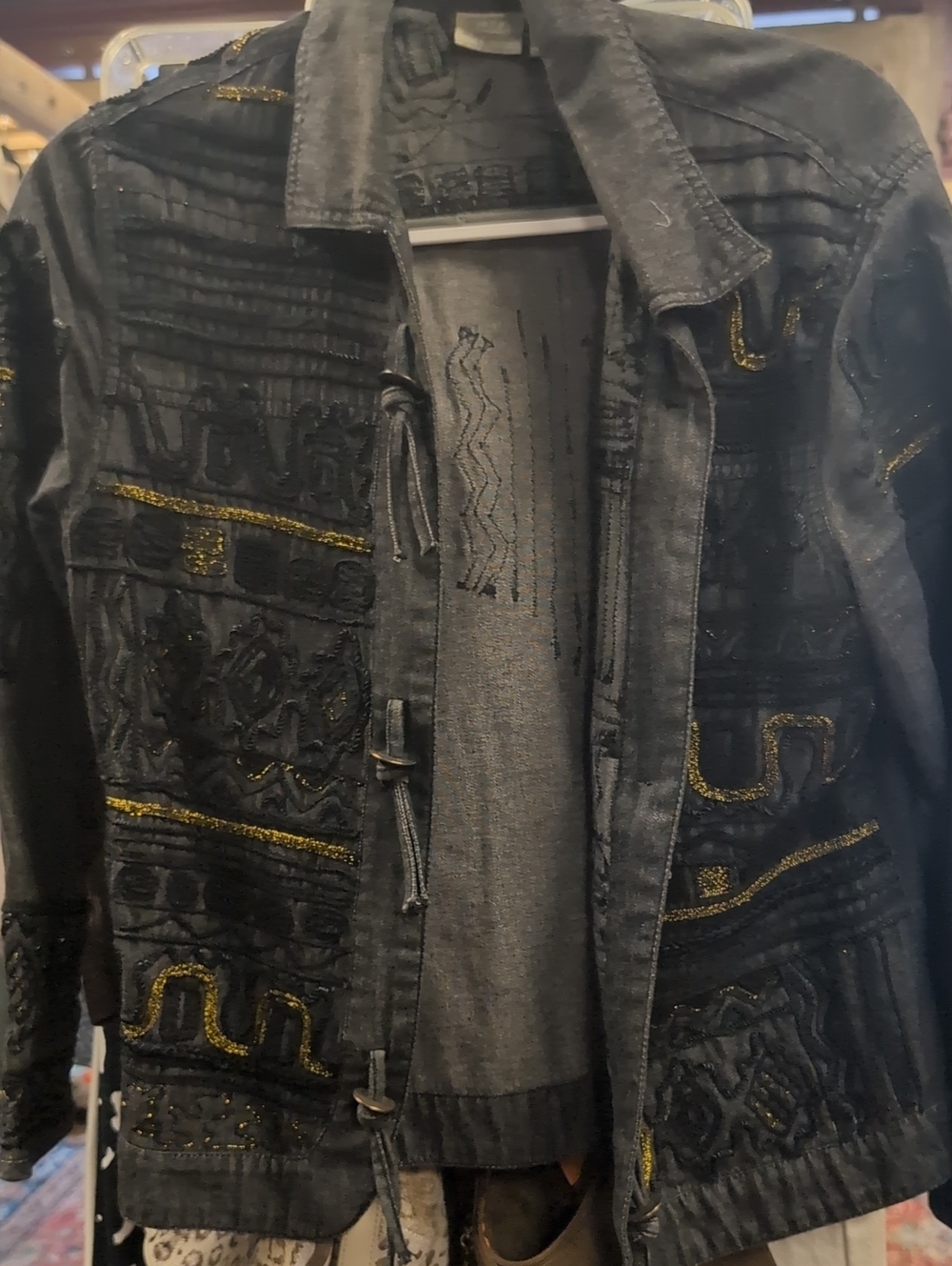 Embroidered Black Utility Jacket with Gold Accents